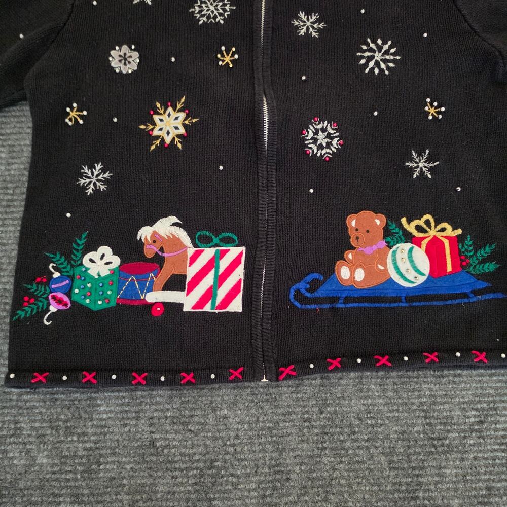 Designers Originals Studio Medium Christmas Santa Black Full Zip Beaded Cardigan - Picture 6 of 8